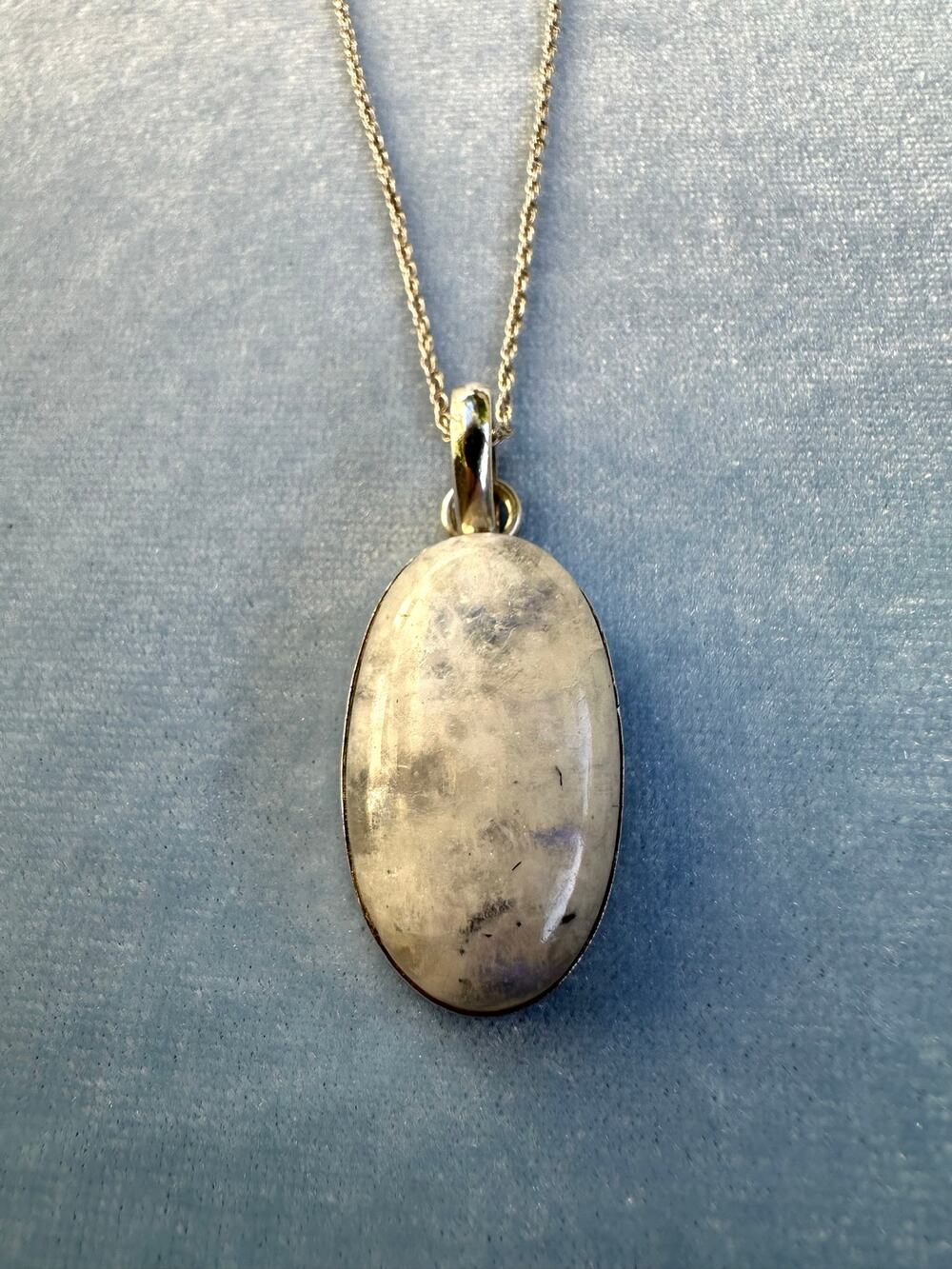 Vintage 925 Sterling Silver Large Oval Moonstone Pendant Necklace Chain 18"